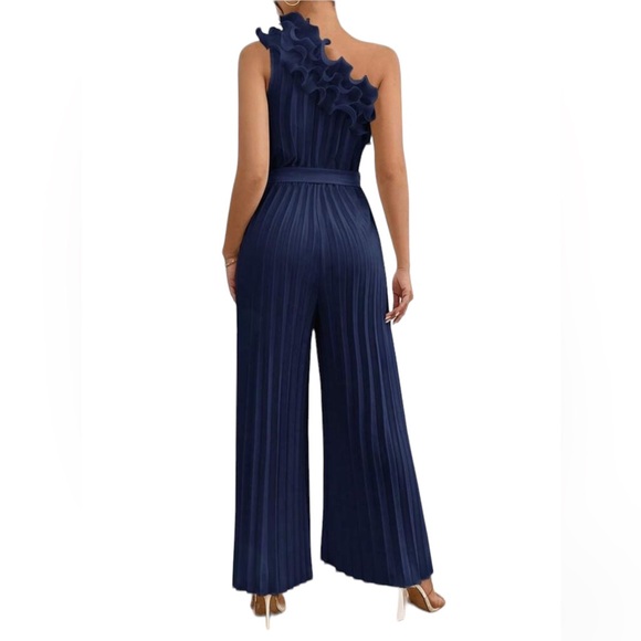 Navy Blue Pleated Asymmetrical Neckline Sleeveless Jumpsuit - Picture 4 of 6